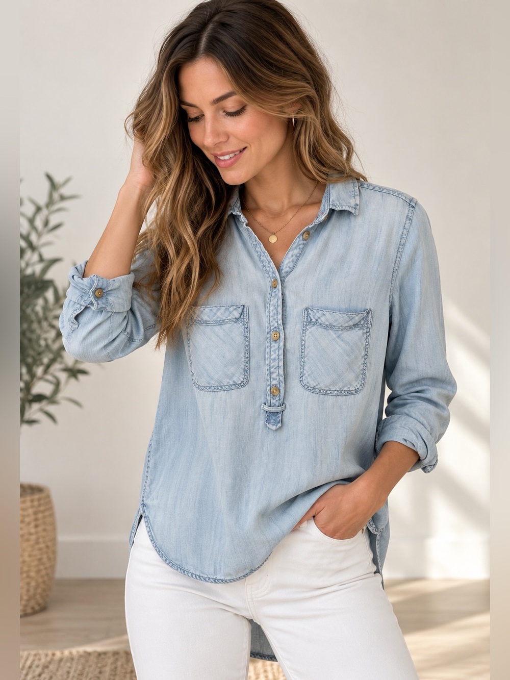 American Eagle Boyfriend Fit Chambray Denim Popover Shirt XS Light Wash